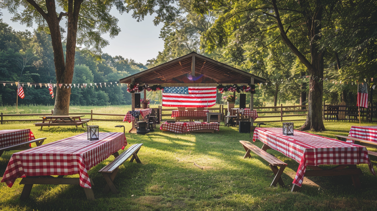 4th of July outdoor event space with picnic tables and a large American flag.