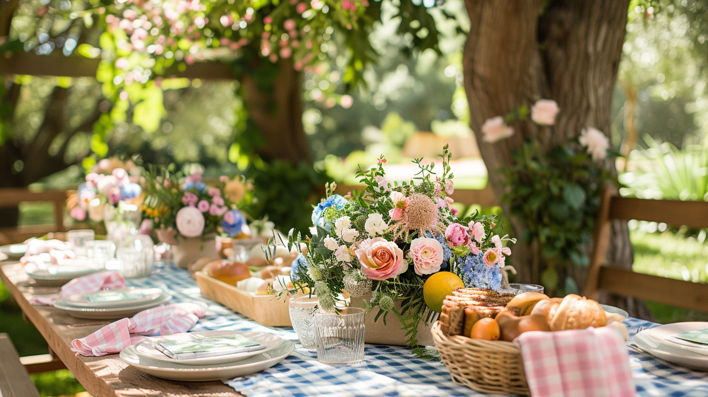 Garden tablescape ideas with pastel linens and lush floral centerpieces.