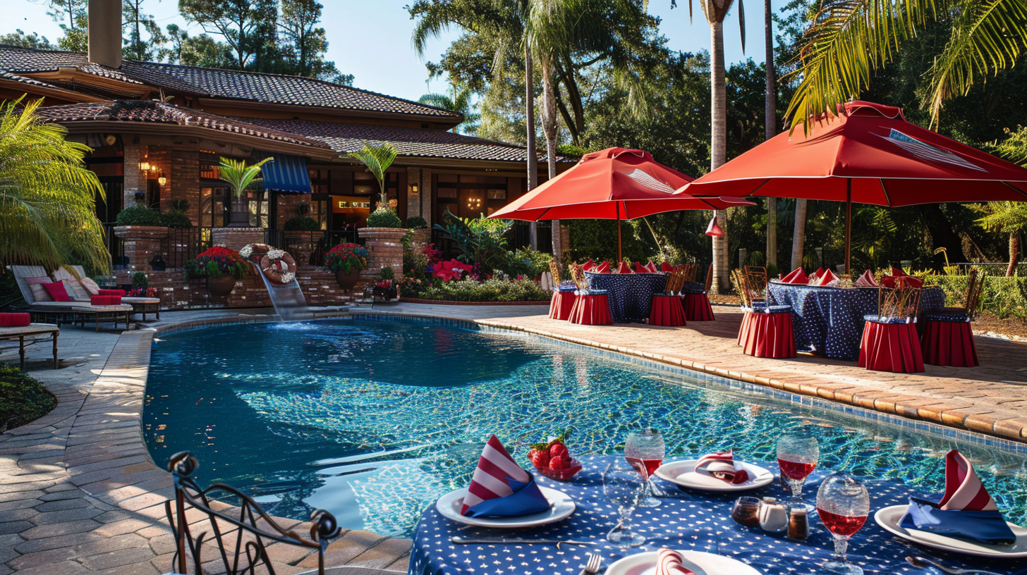Luxurious 4th of July pool party setup with umbrellas and flags.