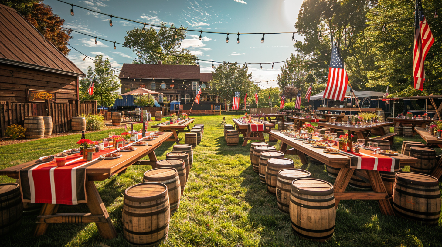 Rustic outdoor dining setup for 4th of July with American flags and barrel seating.