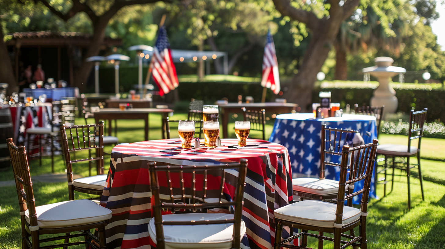 4th of July garden party with American flags and tables covered in patriotic cloths, beers ready.