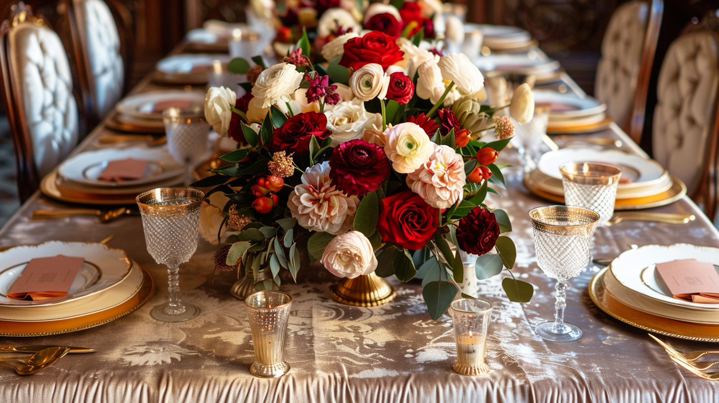 Regal gold tablescape ideas with lush floral decorations.