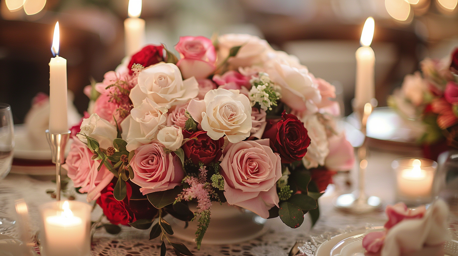 Romantic tablescape ideas with roses and candlelight accents.