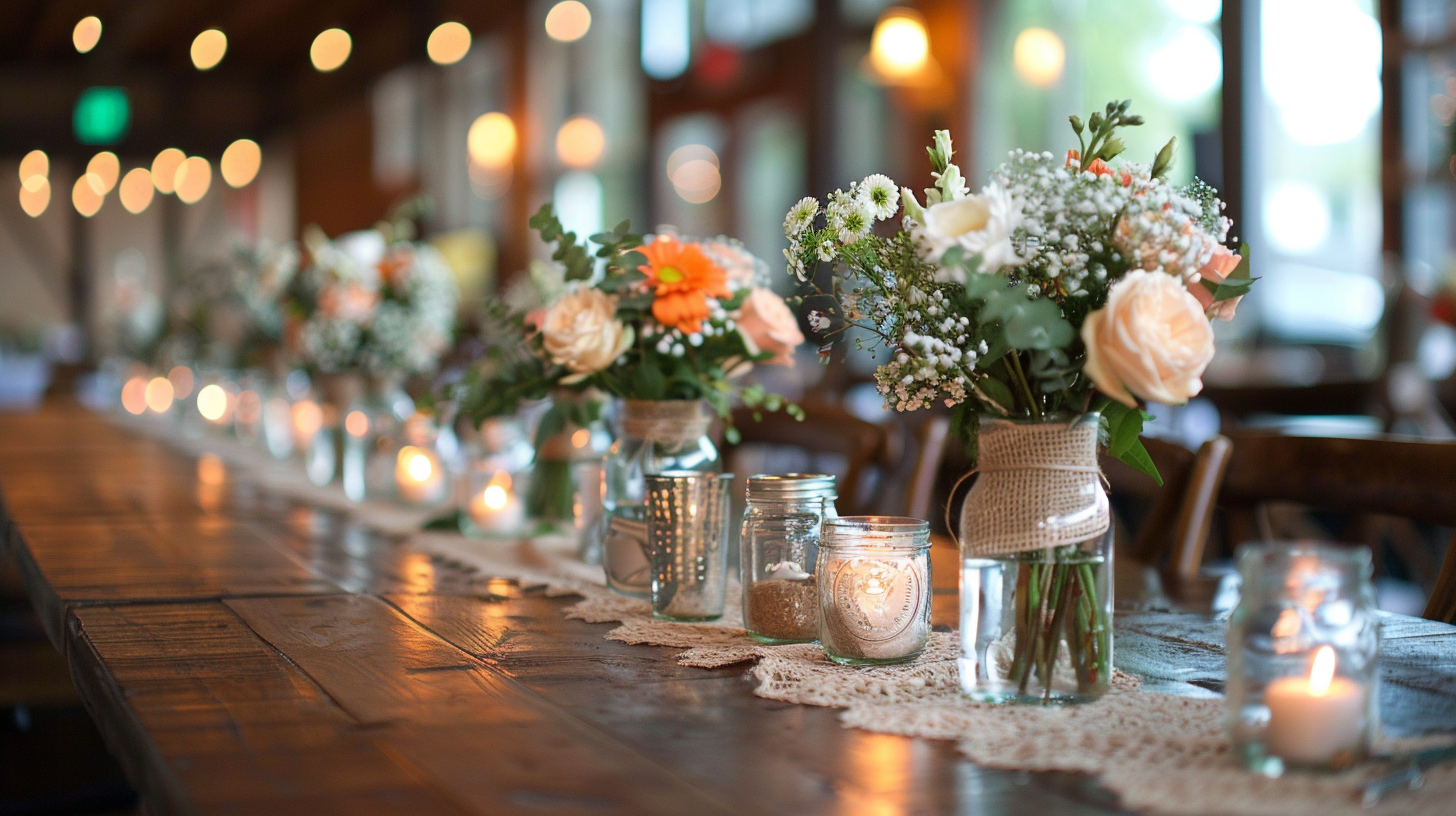 Rustic tablescape ideas with candles and fresh flowers.