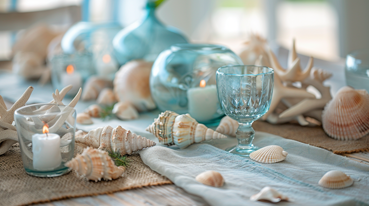 Beachy tablescape ideas with seashells and coastal colors.