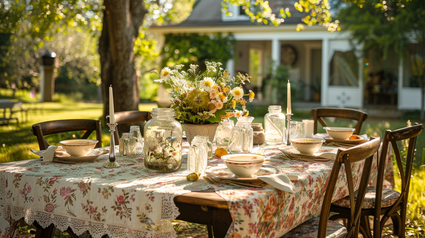 Countryside tablescape ideas with a floral tablecloth and wildflowers.