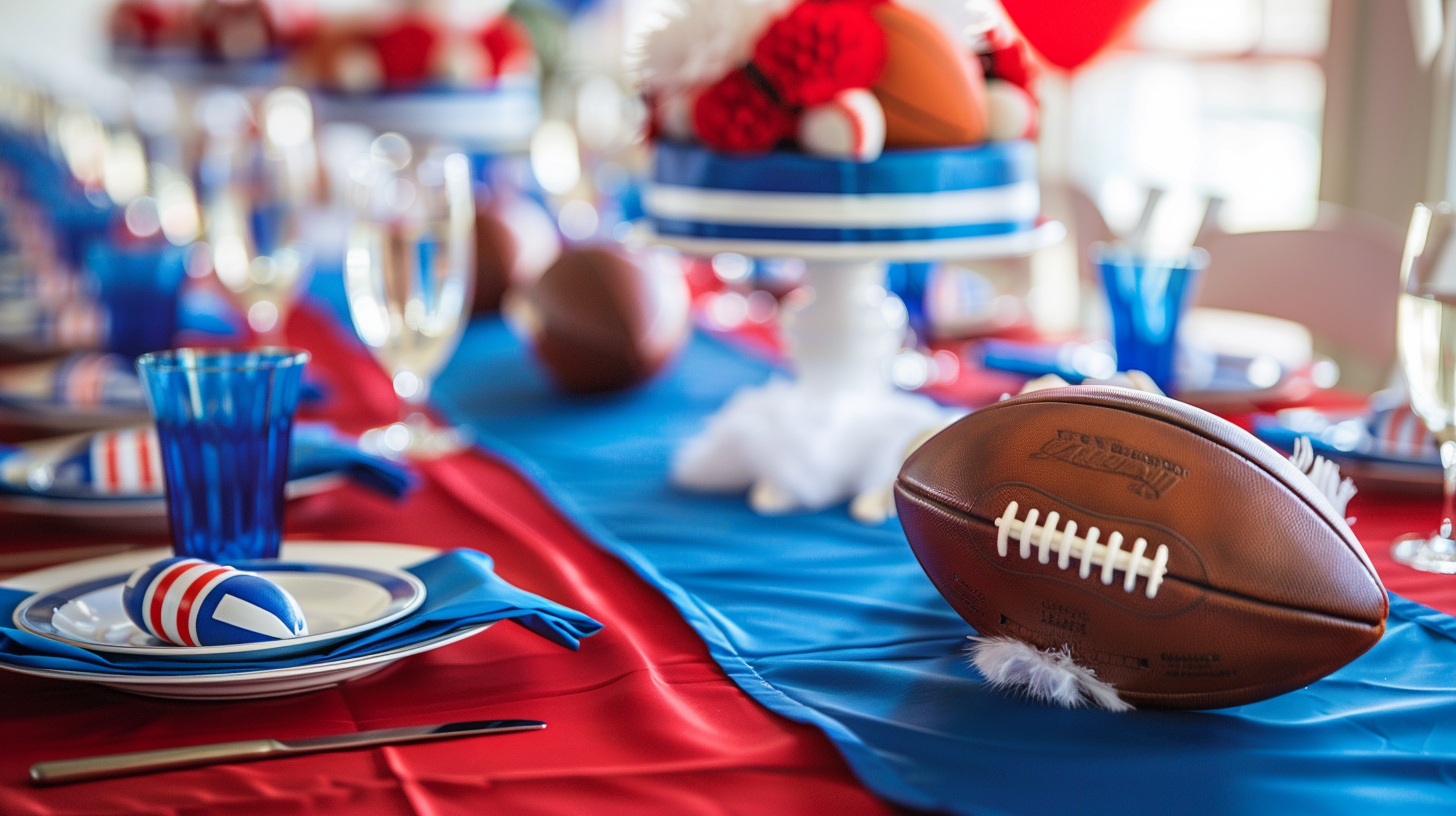 Sporty father's day table decorations with football theme and blue tableware.