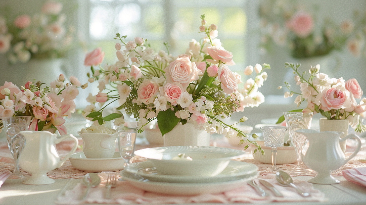 Soft spring tablescape ideas with pastel florals and delicate glassware.