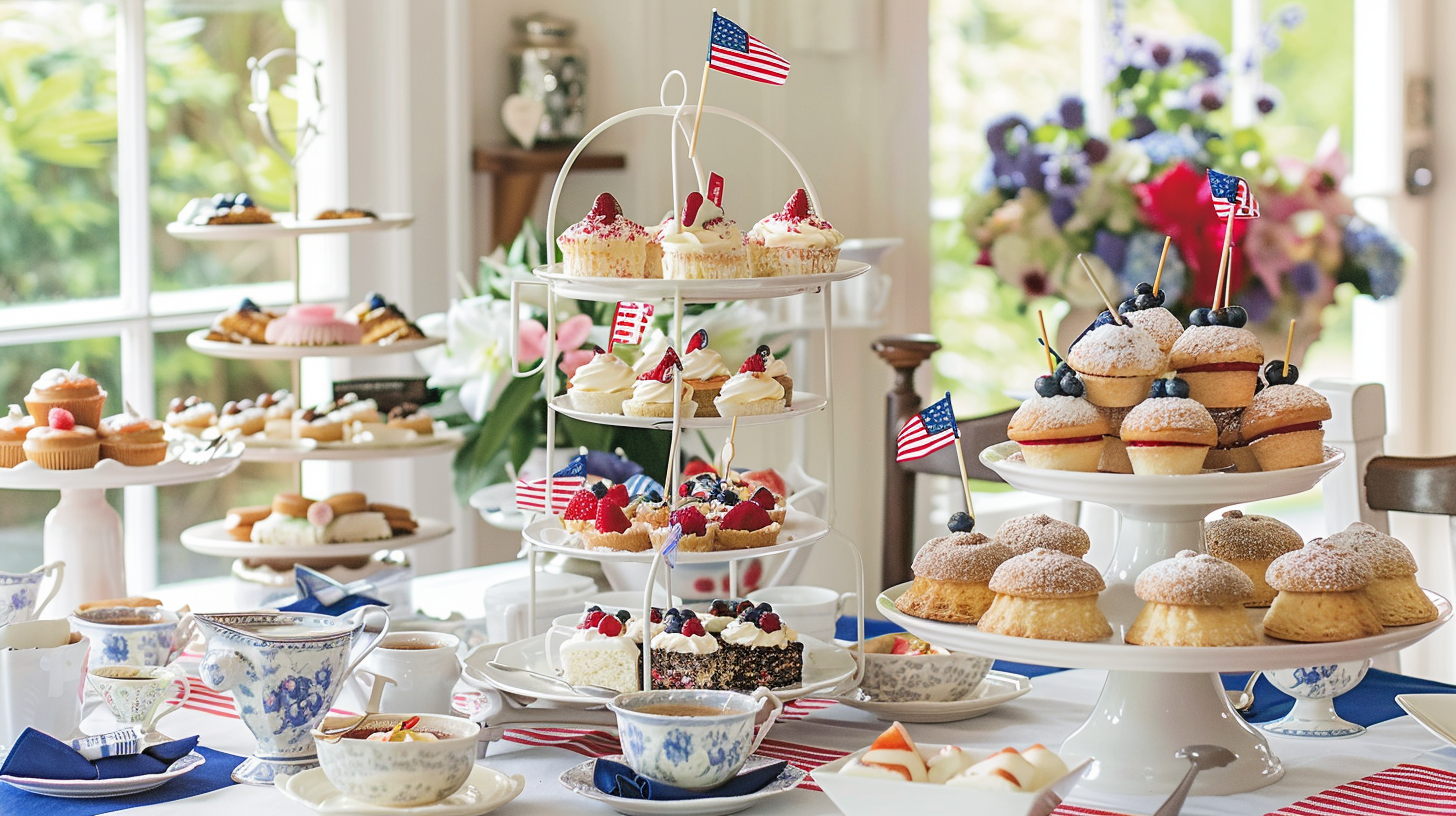 Patriotic tea party setting for 4th of July with flags and pastries.