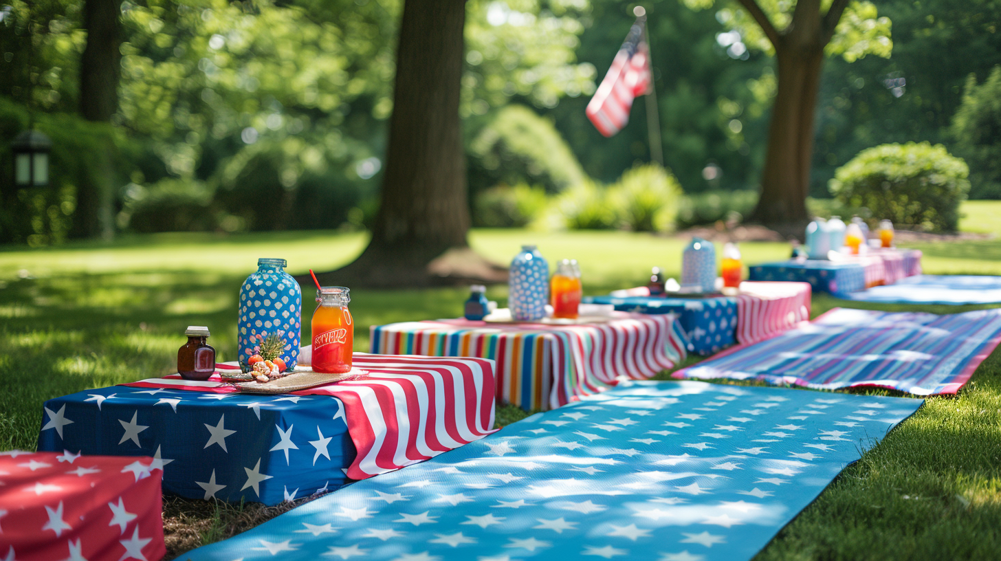 Outdoor picnic with 4th of July theme, striped mats and flags under trees.