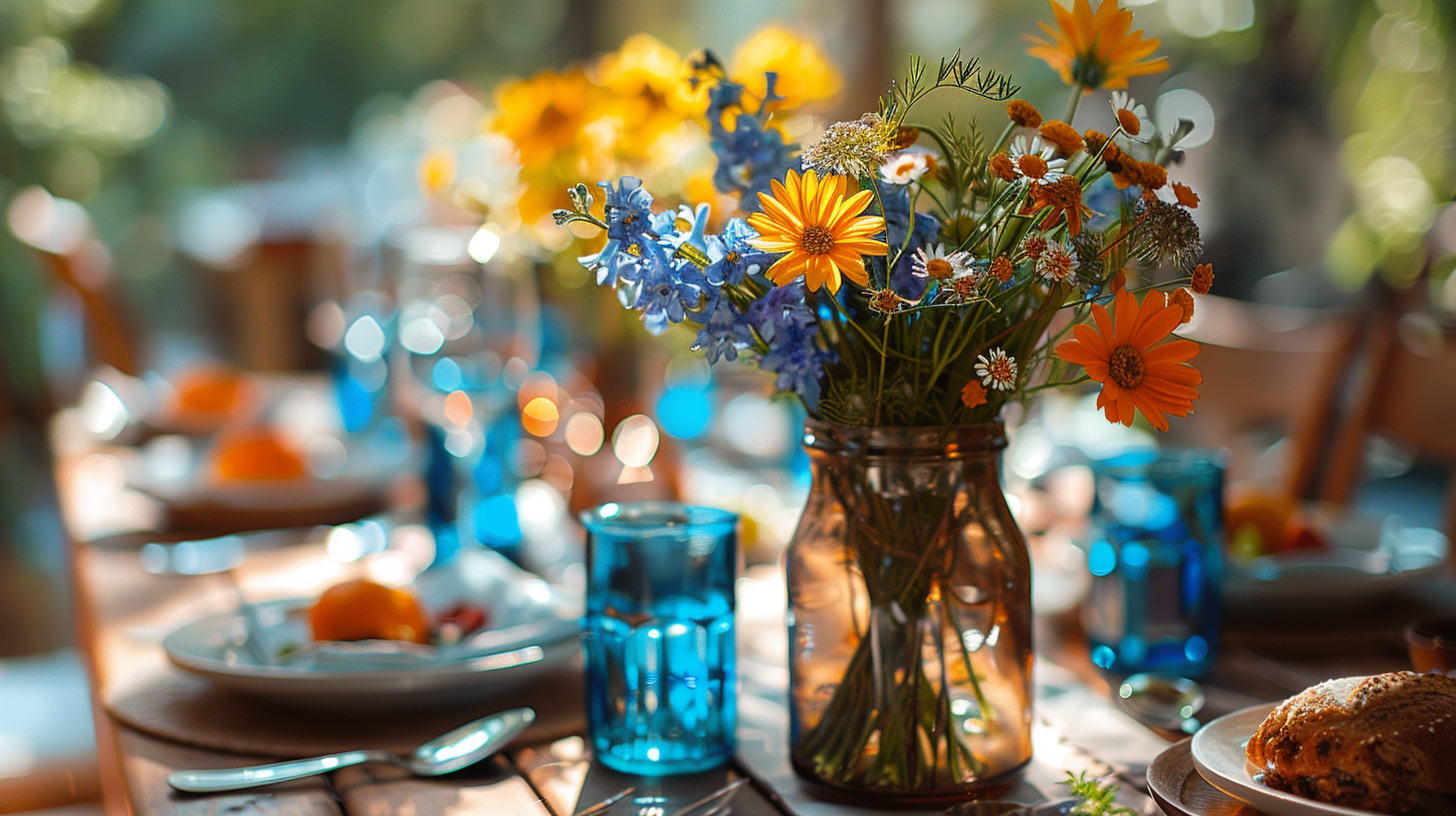 Bright father's day table decorations with orange and yellow flowers.