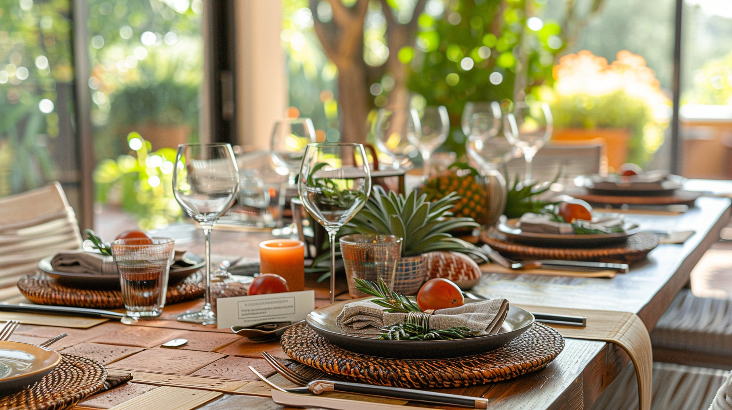 Tropical father's day table decorations with a pineapple centerpiece.