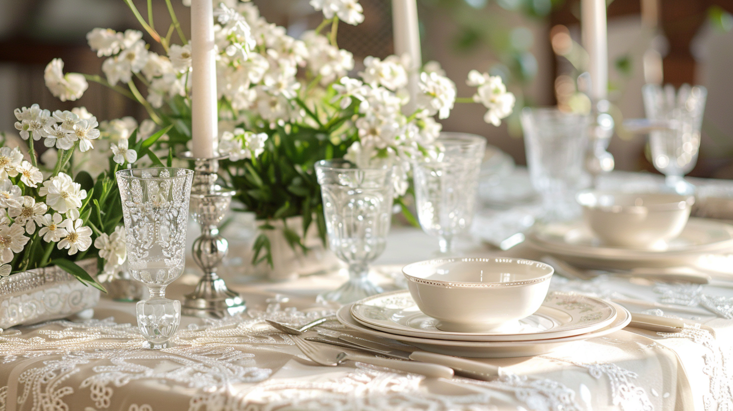 Elegant white table setting ideas with lace tablecloth, delicate white flowers, and crystal glasses for a sophisticated look.