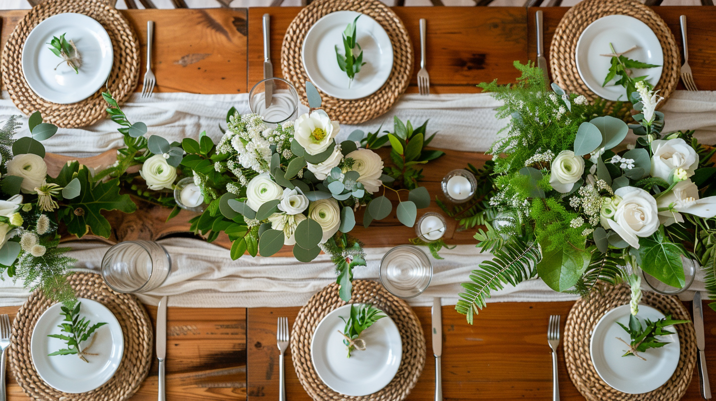 Elegant white table setting ideas with lush greenery and white flowers for a fresh, natural look.