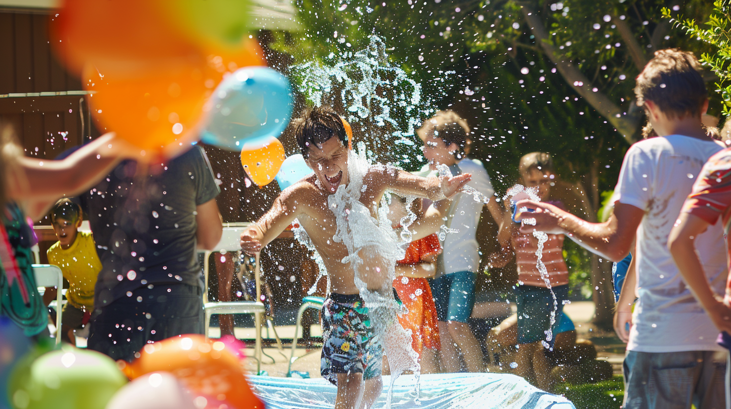 Kids enjoying a water balloon toss at a 4th of July party