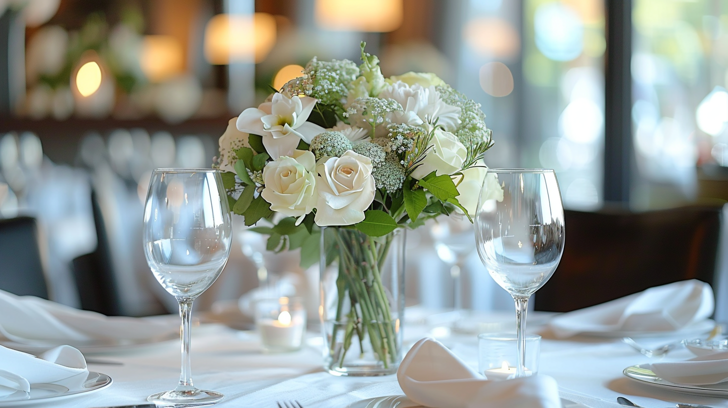 Classic white table setting ideas with white plates, glasses, and a floral centerpiece, creating an elegant dining atmosphere.