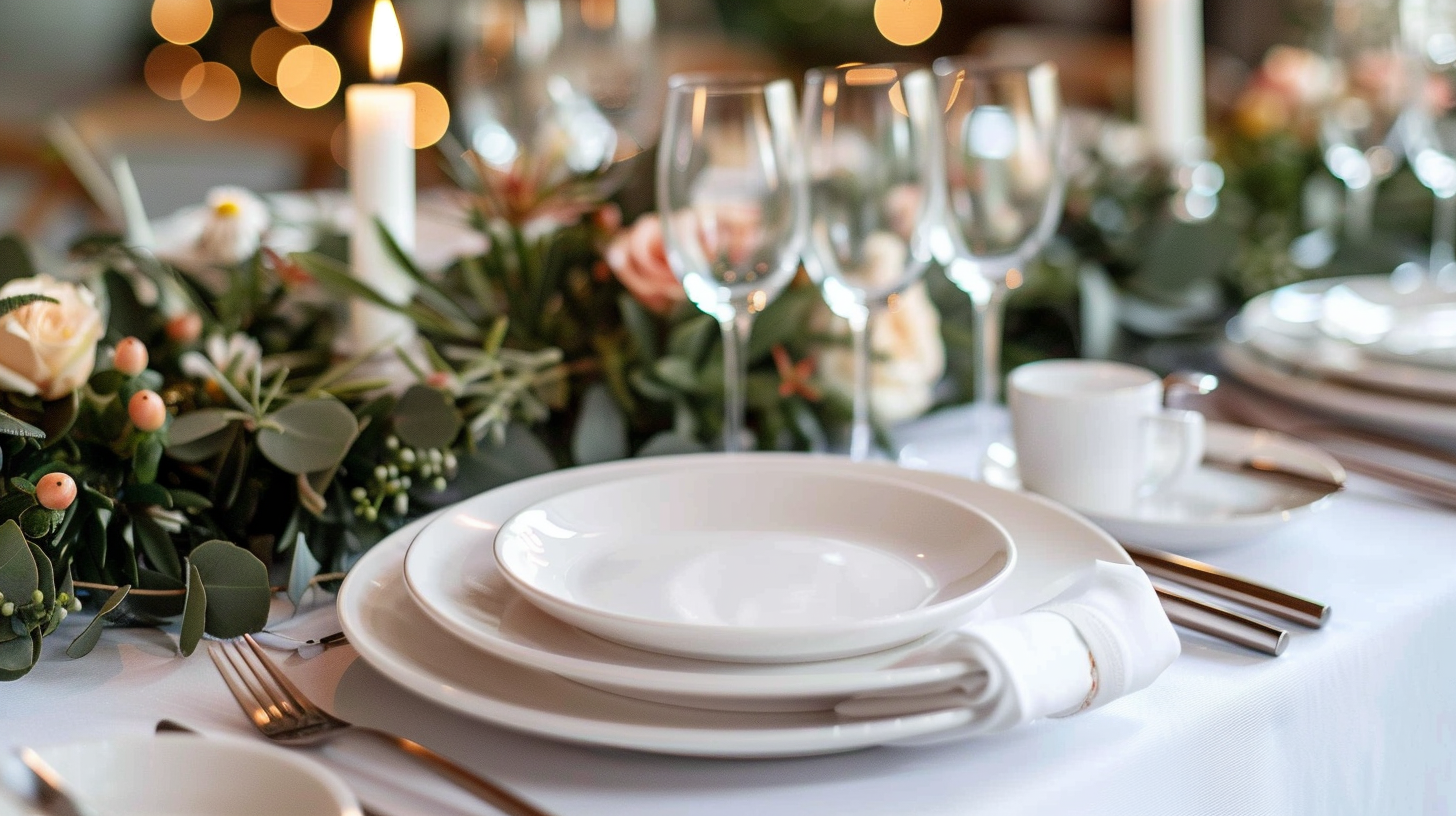 Sophisticated white table setting ideas showcasing white plates, glasses, and floral arrangements with candles for a festive ambiance.