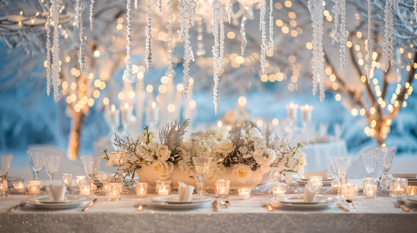 Magical winter tablescape ideas with white decor and sparkling lights.