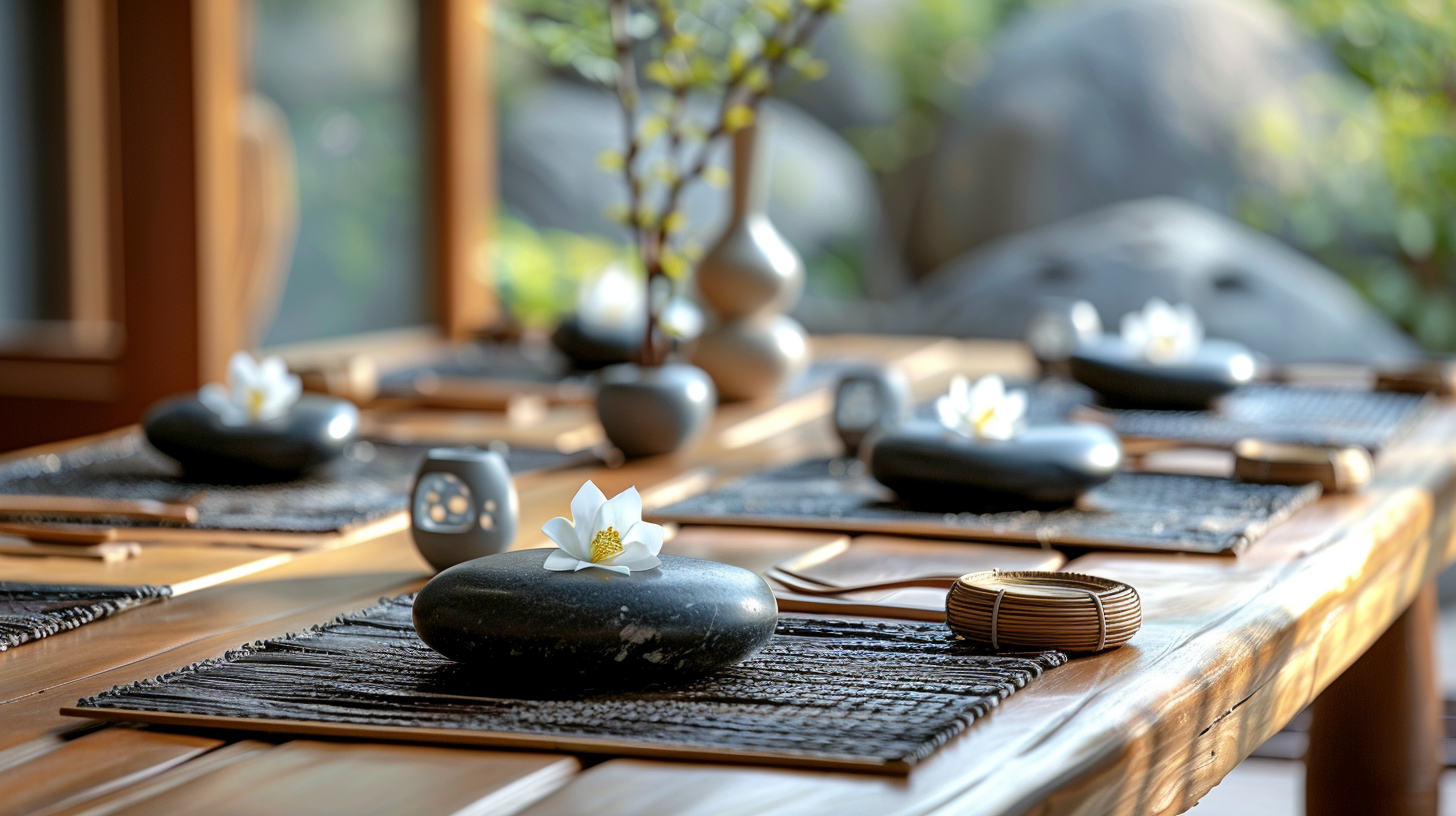 Serene tablescape ideas with Zen garden elements and tranquil decor.