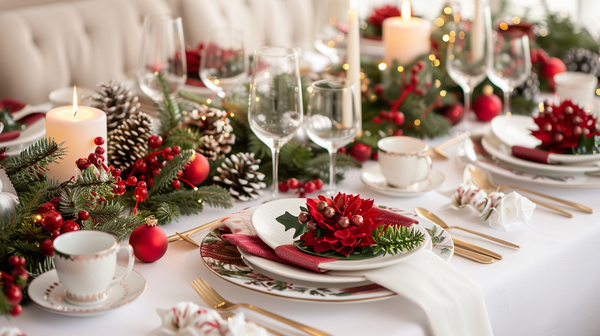 Festive white table setting ideas featuring red accents, candles, and pine decorations for a cozy holiday atmosphere.
