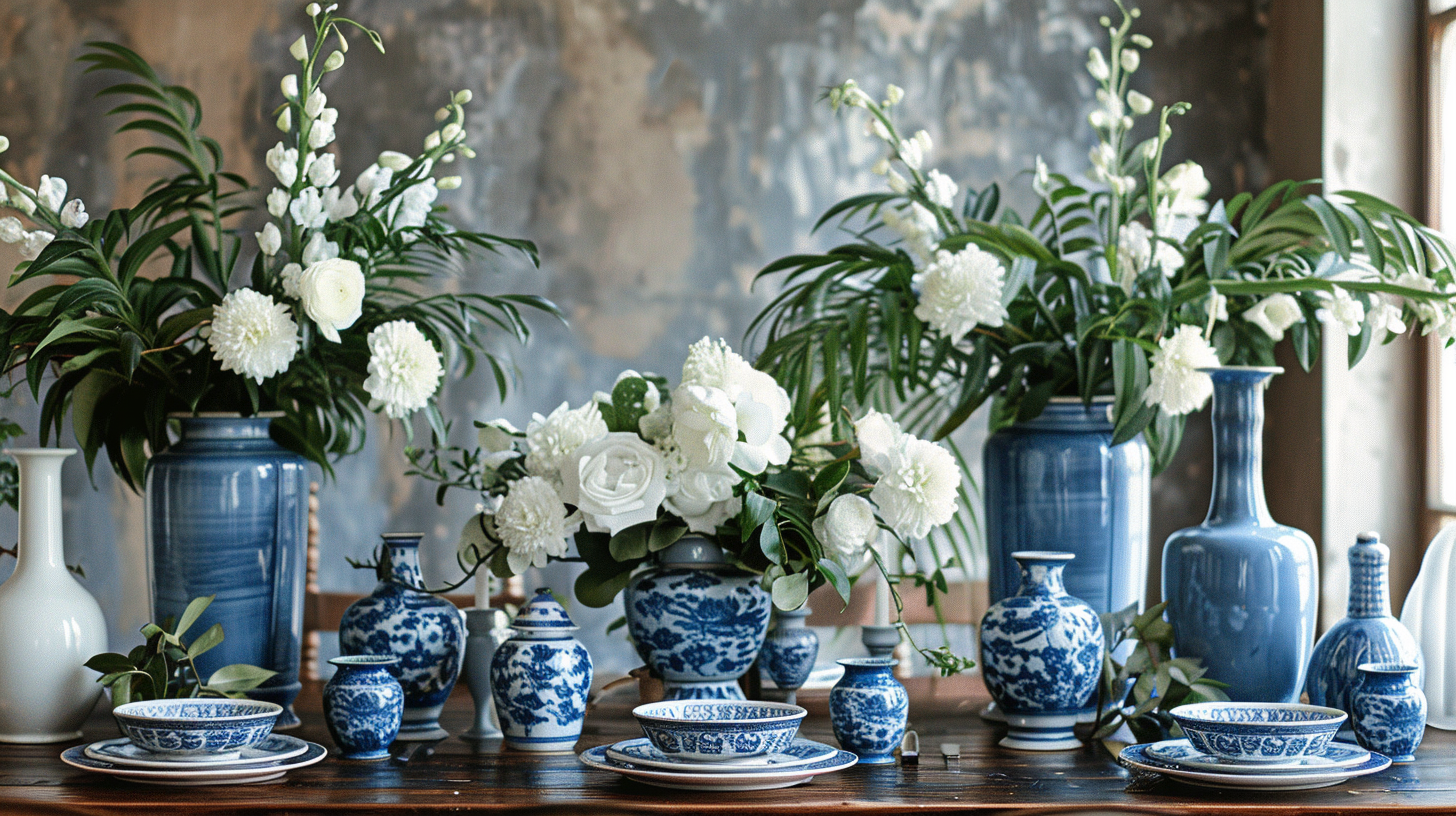 Blue and white tablescape with various ceramic vases and lush floral arrangements, ideal for a classic and refined setting.