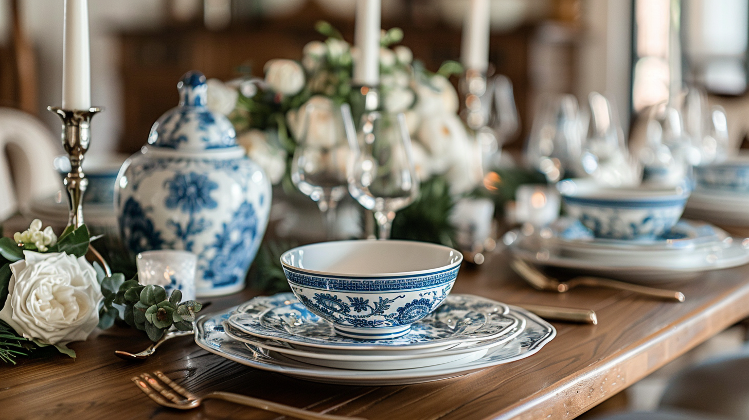 Elegant blue and white tablescape with delicate floral centerpiece and fine china plates, perfect for a refined dining experience.