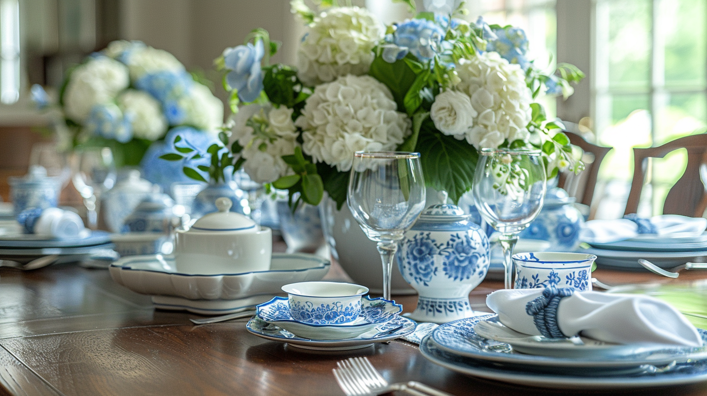 Beautiful blue and white tablescape with a lush floral centerpiece and elegant dishware, creating a sophisticated dining atmosphere.