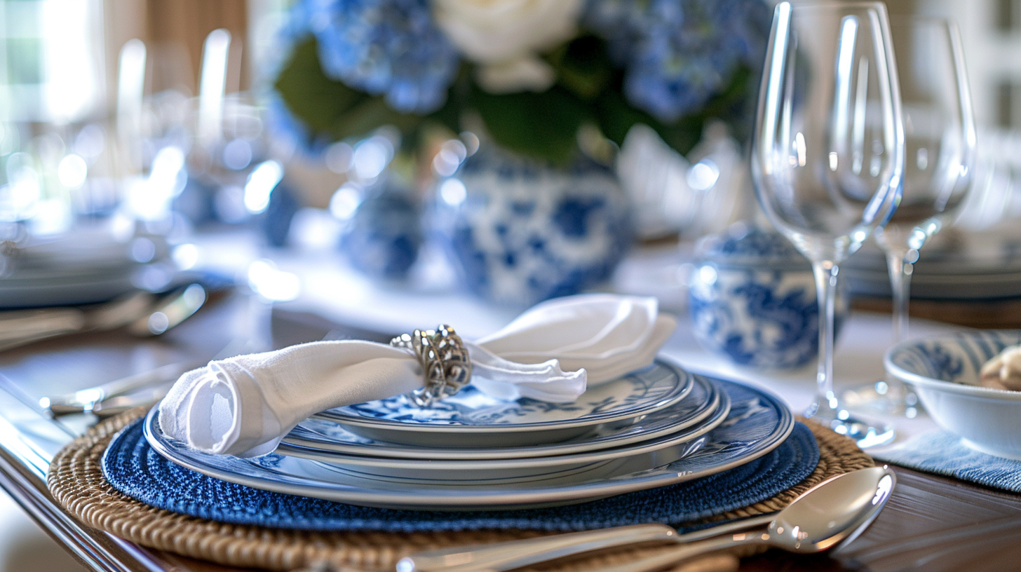 Refined blue and white tablescape featuring intricate plates, silverware, and a floral arrangement, ideal for elegant gatherings.