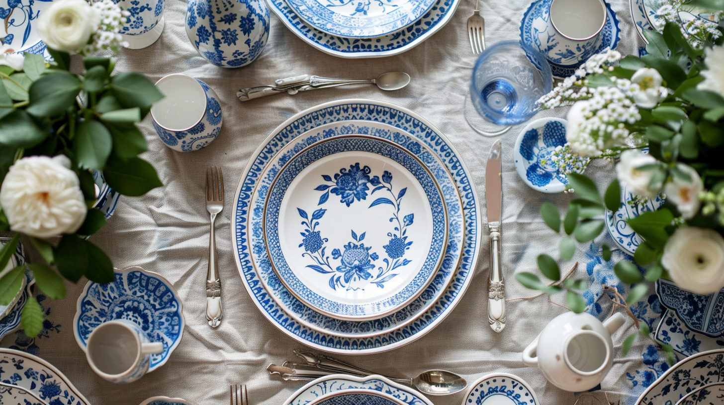 Top view of blue and white tablescape with floral dishware and fresh flowers, creating a charming and elegant table setting.