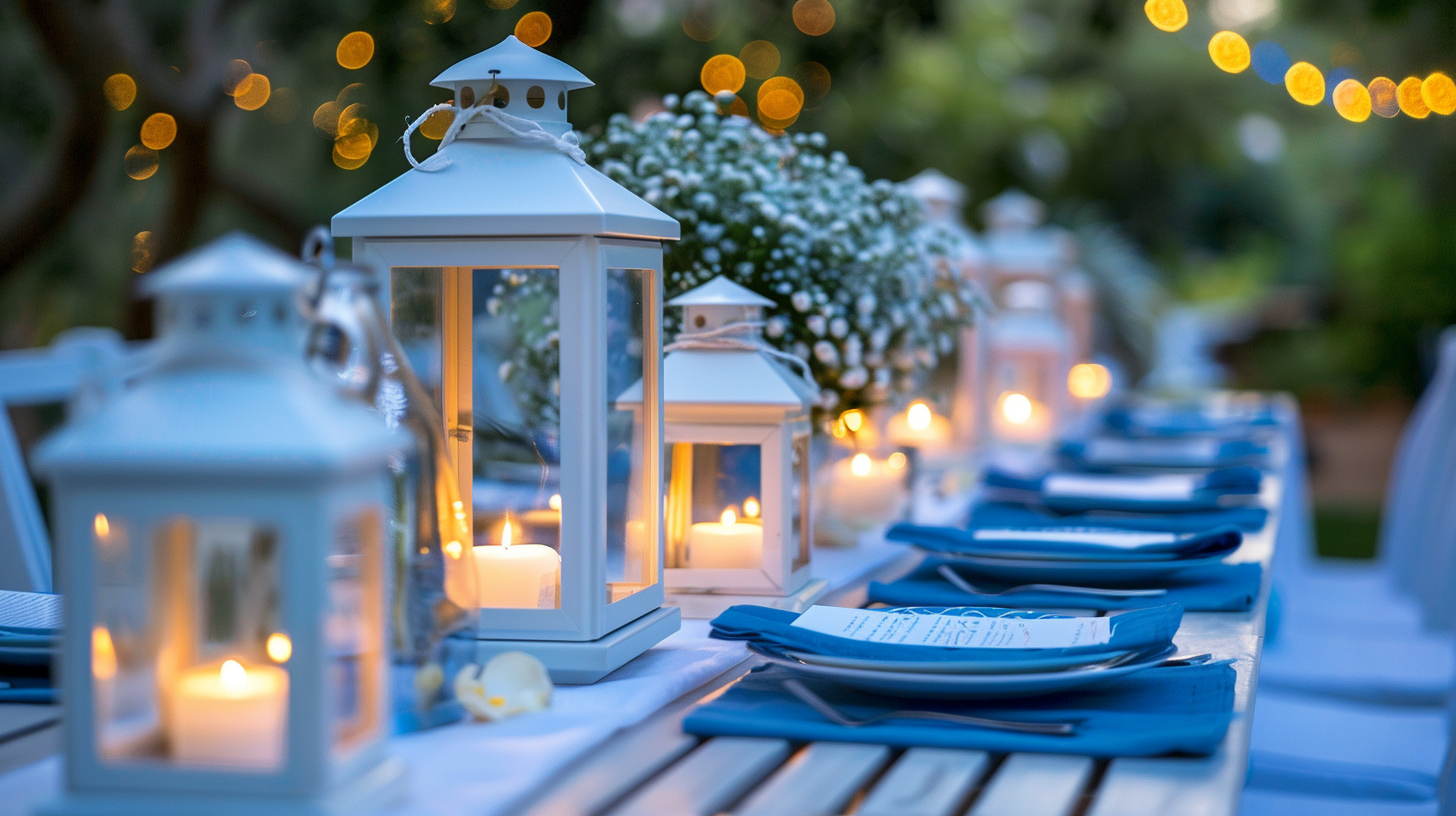 Outdoor blue and white tablescape with lanterns and candles, creating a cozy and inviting evening atmosphere.