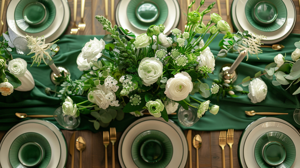 Beautiful green table setting ideas with white and green flowers, green tableware, and gold flatware for a stunning event decor.