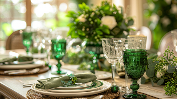 Charming green table setting ideas featuring green glassware, ivory plates, and rustic decor for a stylish and refreshing dining experience.