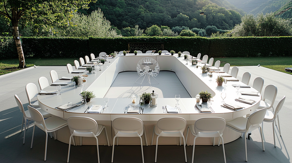 U-shape table layout for a wedding reception in a modern outdoor setting.