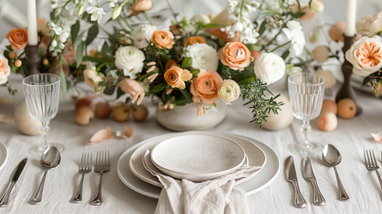 Elegant tablescape ideas with white and peach floral arrangements.