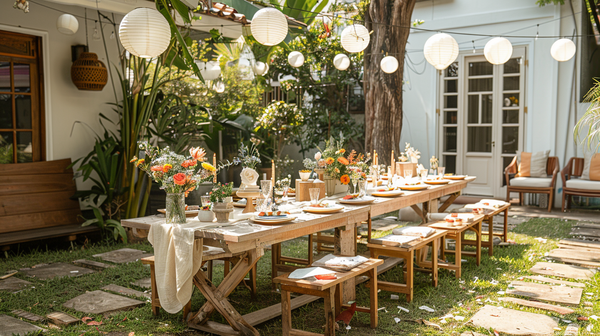Charming outdoor birthday party decorations featuring long wooden tables, floral centerpieces, and hanging lanterns in a garden setting.