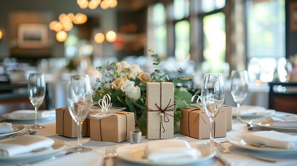 Round table decor with beautifully wrapped party favors, floral arrangements, and elegant glassware for a memorable event.