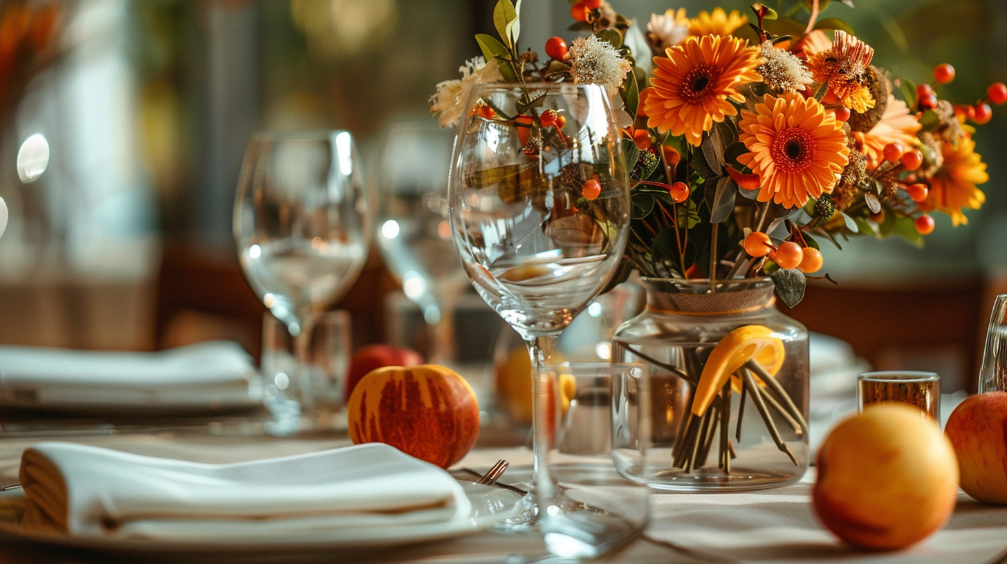 Autumn tablescape ideas with vibrant orange flowers and glassware.