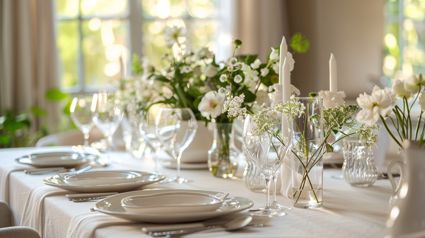 Simple white table setting ideas with classic white plates, elegant glassware, and a floral centerpiece for a timeless look.