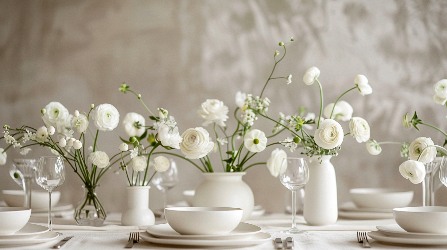 Minimalist white table setting ideas with white flowers and elegant dinnerware for a simple, yet stylish arrangement.