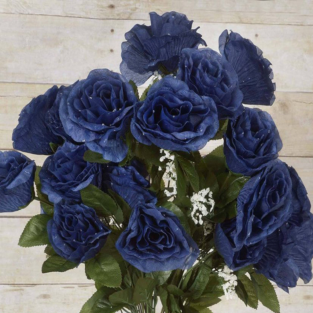 4 Bush 96 Pcs Navy Blue Artificial Giant Silk Open Rose Flowers