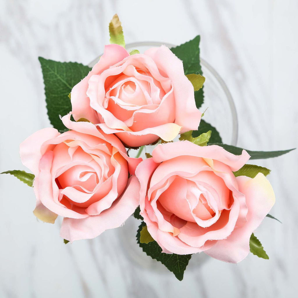 24 Pcs Blush Rose Gold Artificial Long Stem Silk Rose Flowers With Green Leaves Tableclothsfactory