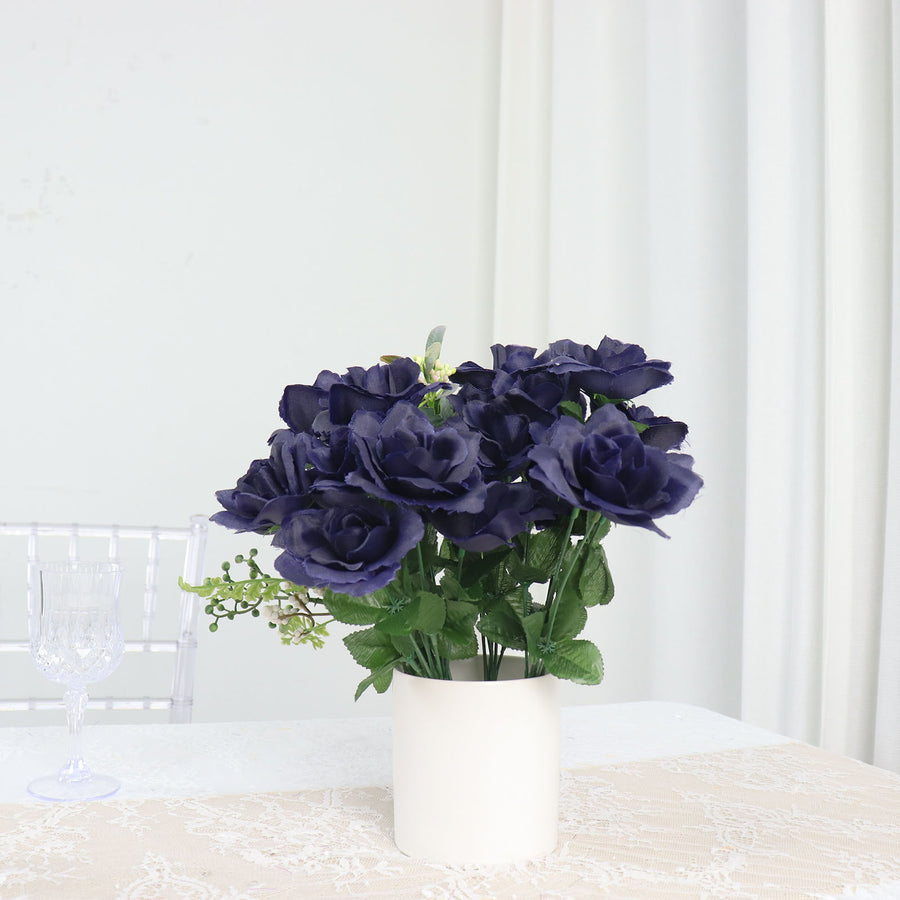 12 Bushes | Navy Blue Artificial Silk Rose Flower | TableclothsFactory