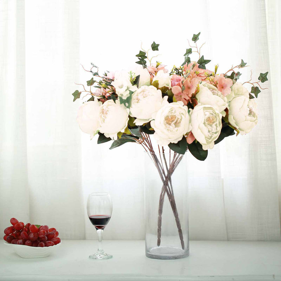 2 Bush | Ivory Silk Peony Rose Hydrangea Bouquet | TableclothsFactory
