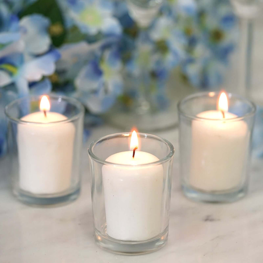 12 Pack White Votive Candles With Clear Votive Holder Set