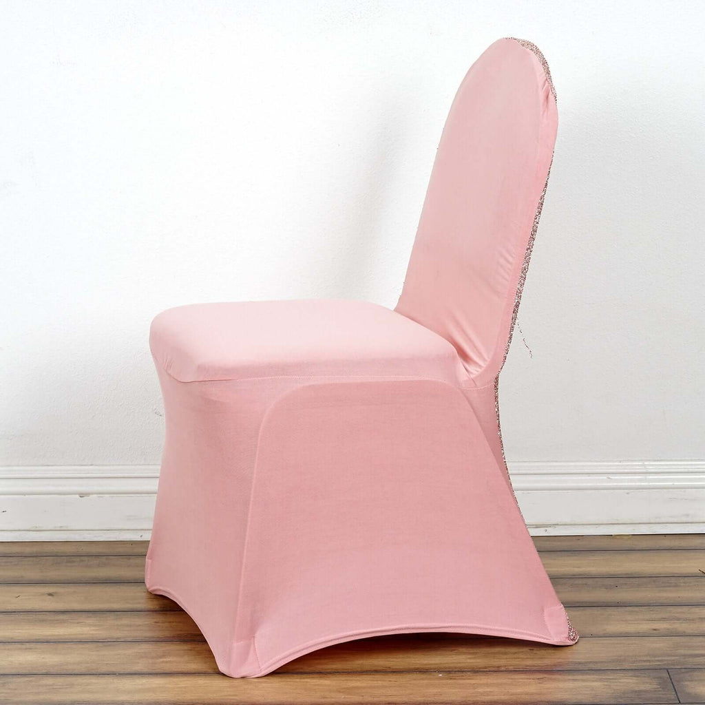 Rose Gold Spandex Stretch Banquet Chair Cover With Metallic Glittering Back Tableclothsfactory