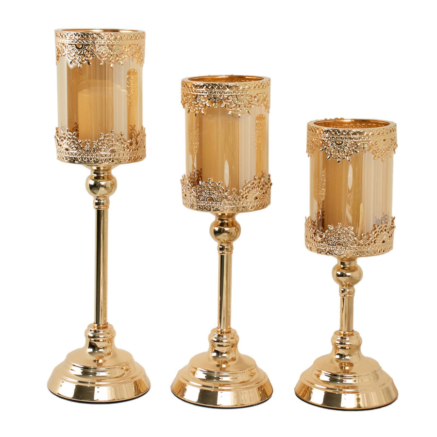 Set of 3 | Antique Gold Hurricane Candle Holders | TableclothsFactory