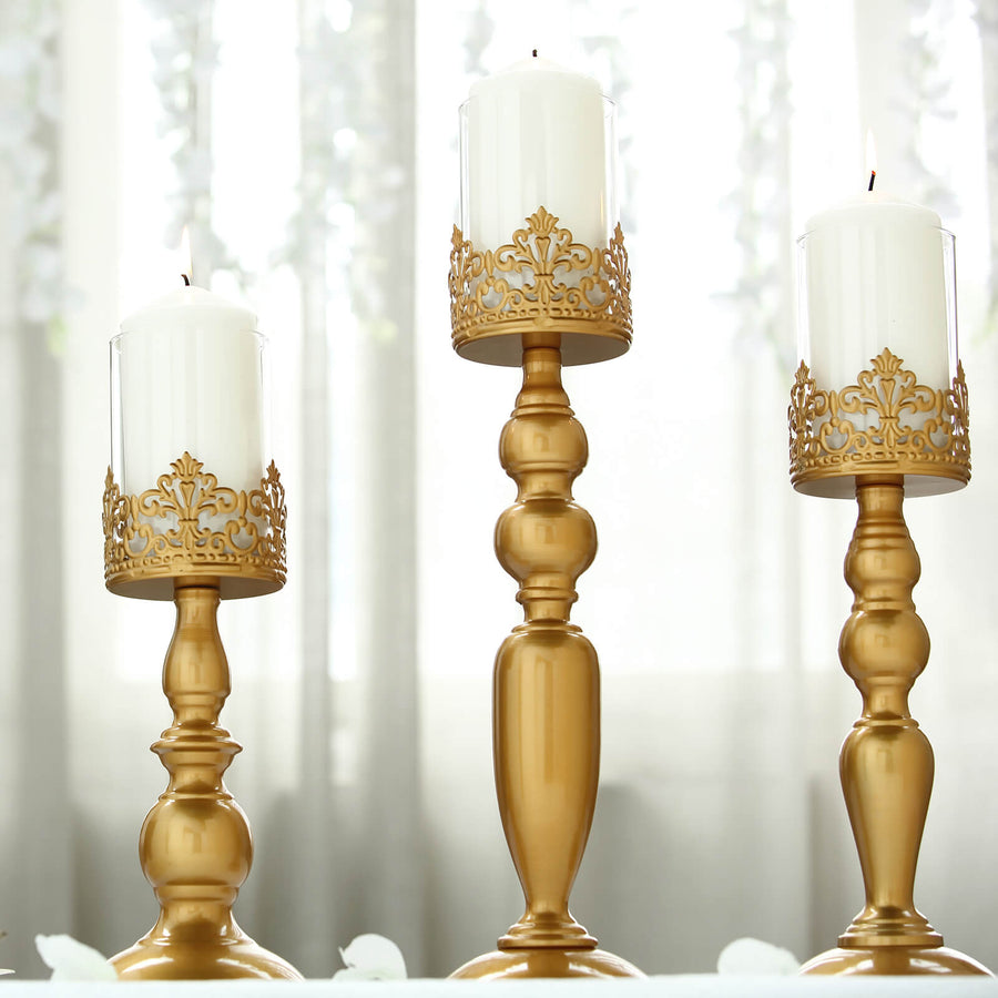 Set of 3 | Lace Design Gold Amber Hurricane Glass Candle Holder Set ...