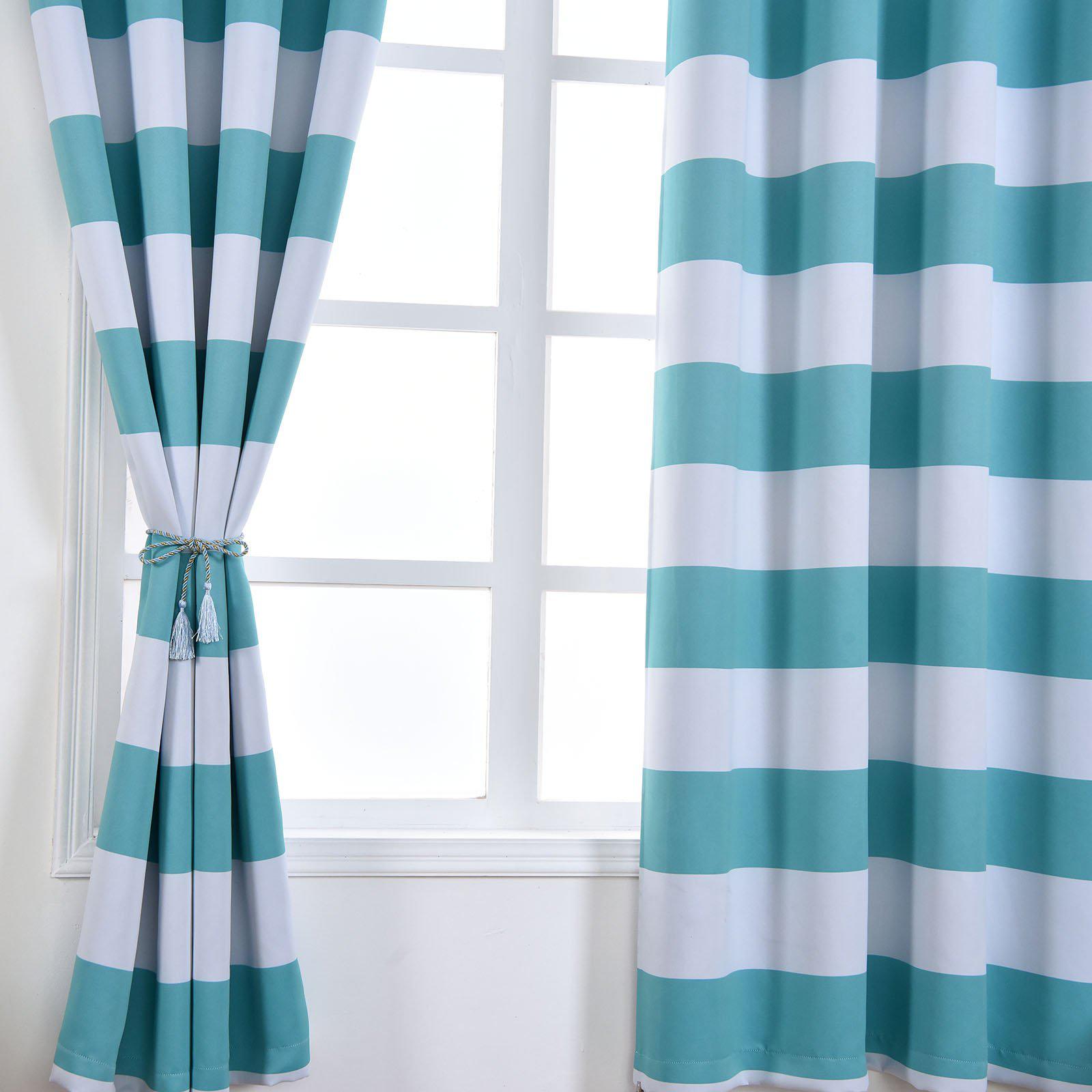 Cabana Stripe Curtains | Pack of 2 | White & Turquoise Blackout Curtain ...