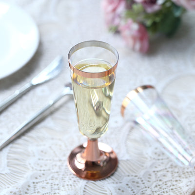 Plastic 5oz Champagne Flutes, Disposable Champagne Glasses with Rose Gold Rimmed & Detachable Base