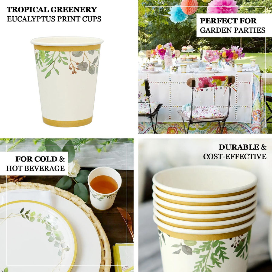 24 Pack | 9oz White Tropical Greenery Paper Cups | TableclothsFactory